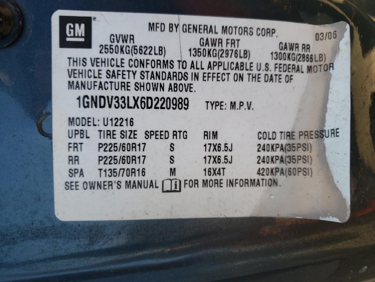 Photo 10 from auction – 2006 CHEVROLET UPLANDER L with VIN 1GNDV33LX6D220989