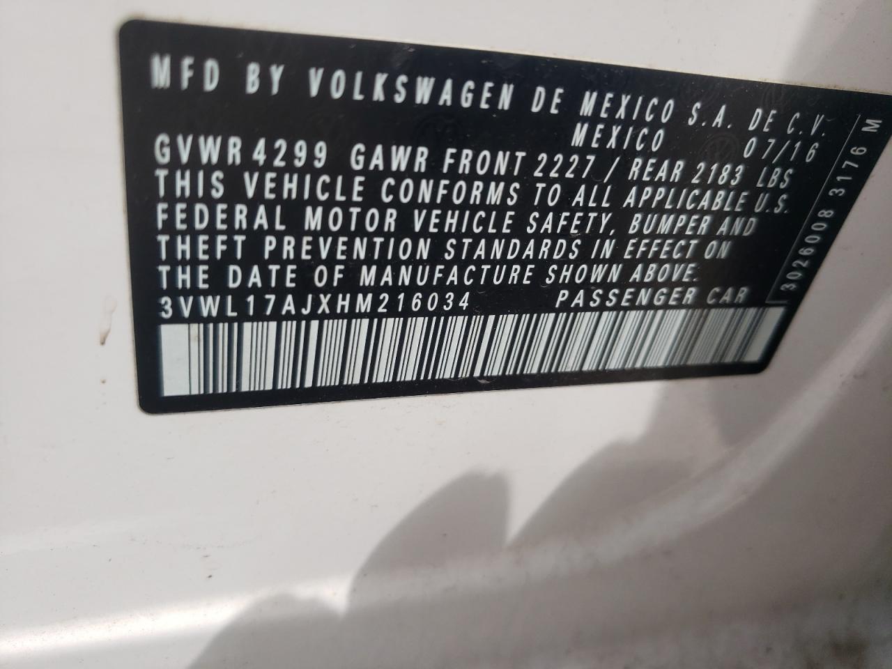 Photo 10 from auction – 2017 VOLKSWAGEN JETTA SEL with VIN 3VWL17AJXHM216034