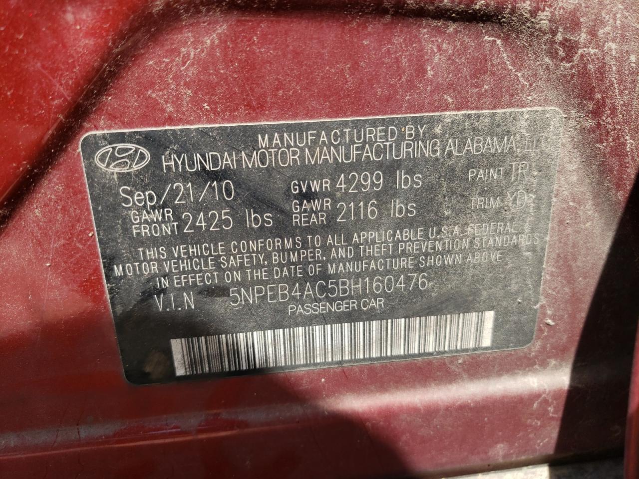 Photo 10 from auction – 2011 HYUNDAI SONATA GLS with VIN 5NPEB4AC5BH160476