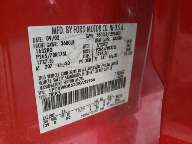 Photo 10 from auction – 2003 FORD F150 SUPER with VIN 1FTRW08633KA52956