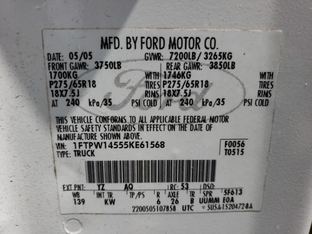 Photo 10 from auction – 2005 FORD F150 SUPER with VIN 1FTPW14555KE61568