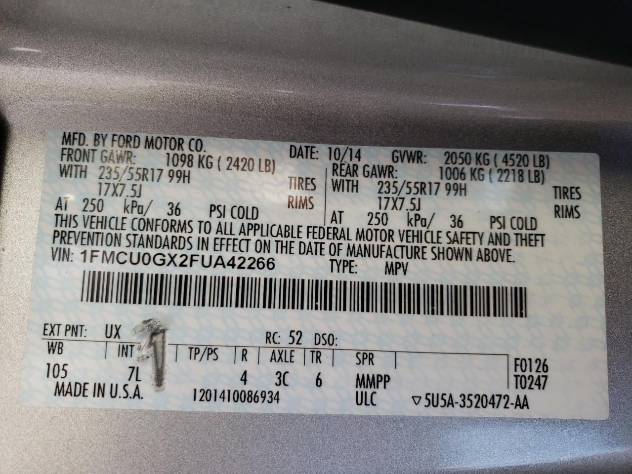 Photo 10 from auction – 2015 FORD ESCAPE SE with VIN 1FMCU0GX2FUA42266