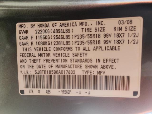 Photo 10 from auction – 2008 ACURA RDX TECHNO with VIN 5J8TB18598A017402