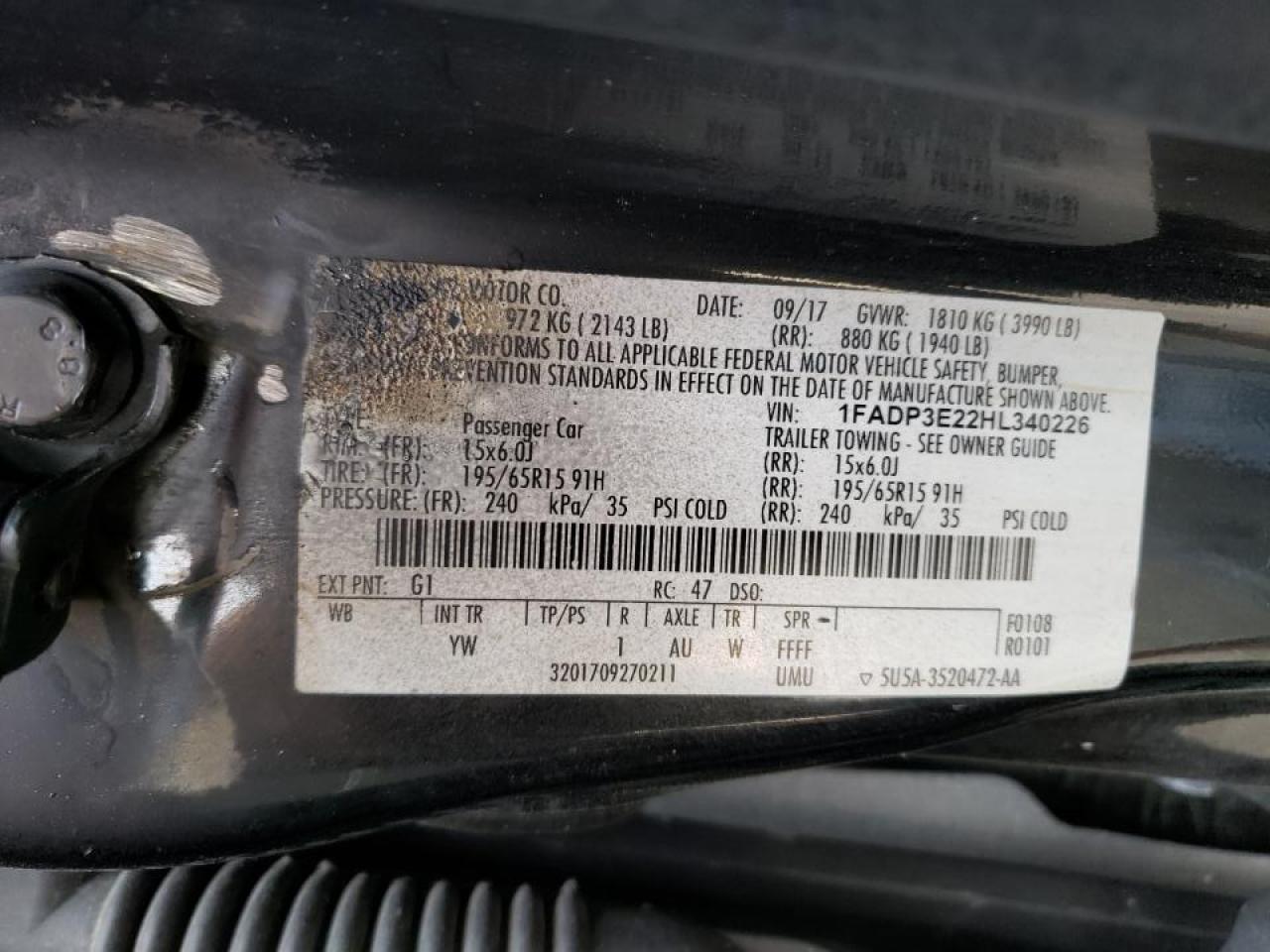 Photo 10 from auction – 2017 FORD FOCUS S with VIN 1FADP3E22HL340226