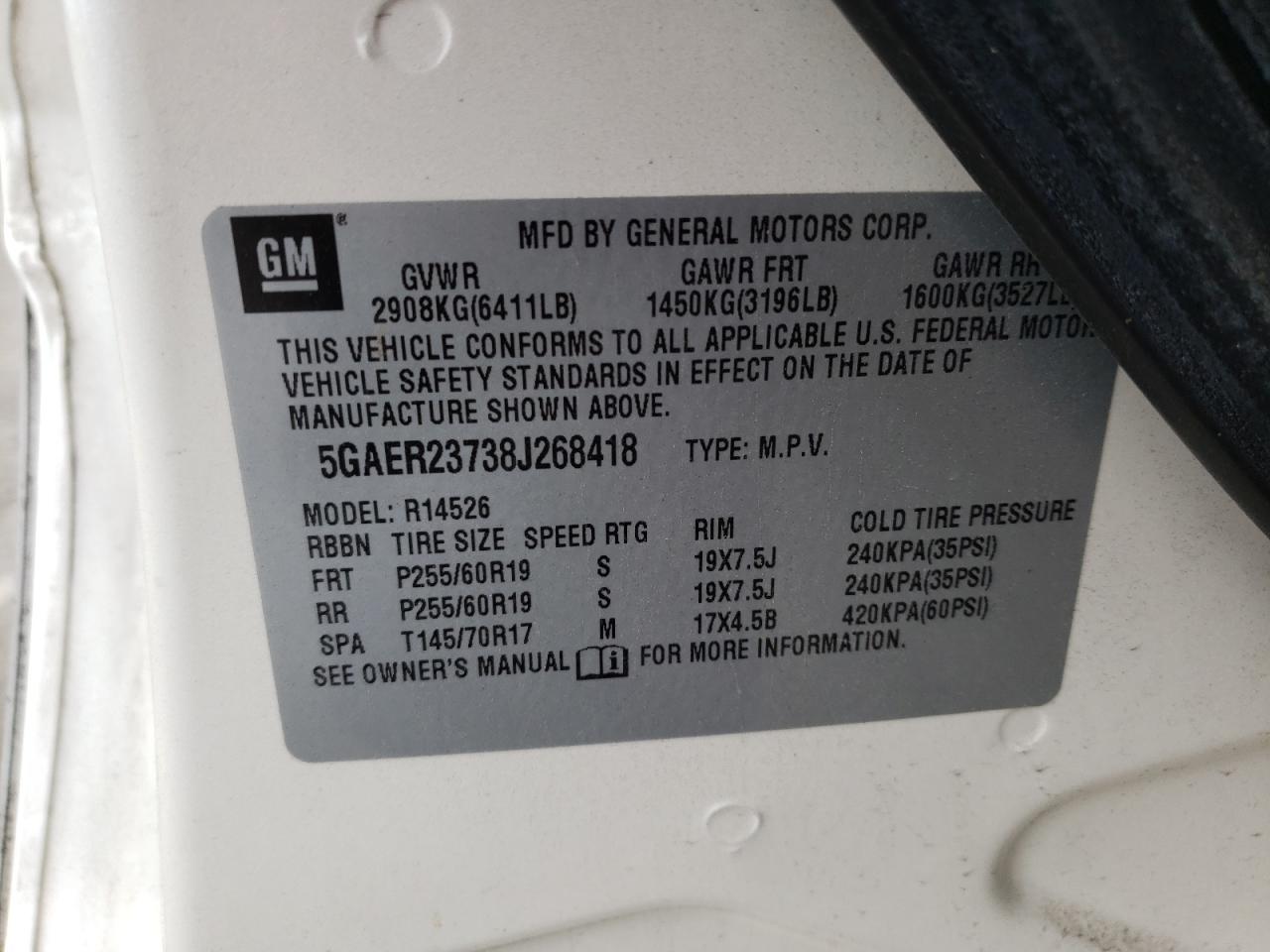 Photo 10 from auction – 2008 BUICK ENCLAVE CX with VIN 5GAER23738J268418
