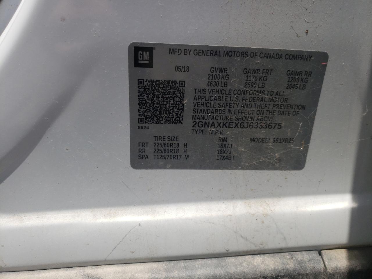 Photo 10 from auction – 2018 CHEVROLET EQUINOX LT with VIN 2GNAXKEX6J6333675