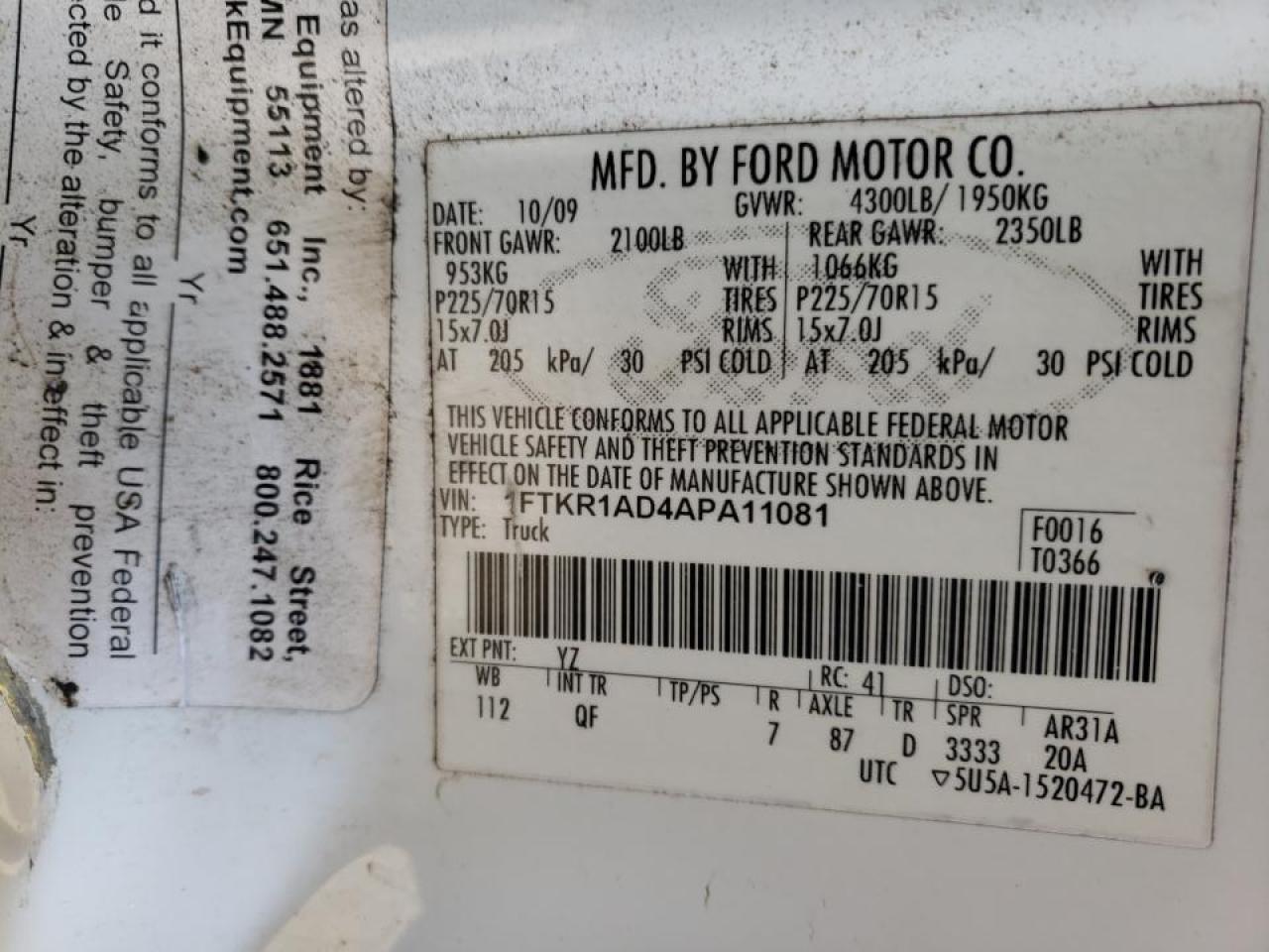 Photo 10 from auction – 2010 FORD RANGER with VIN 1FTKR1AD4APA11081