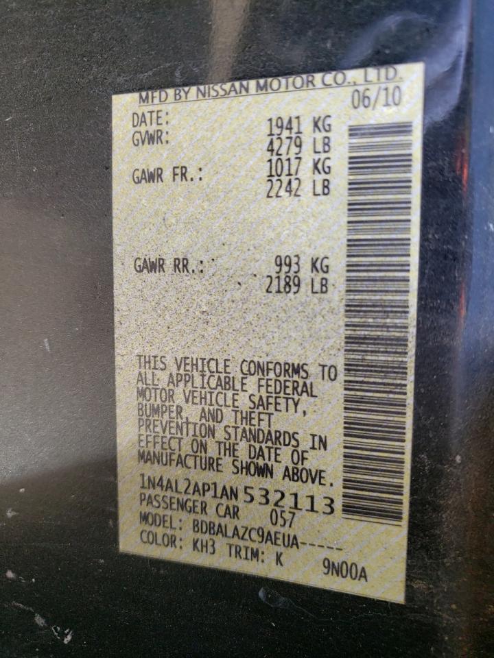 Photo 10 from auction – 2010 NISSAN ALTIMA BAS with VIN 1N4AL2AP1AN532113