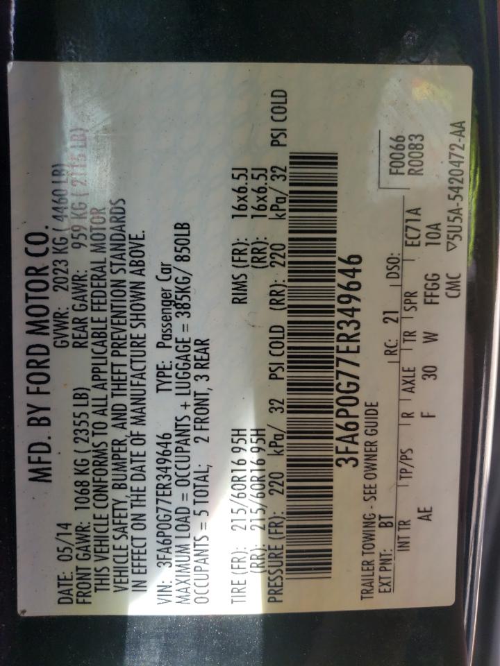 Photo 10 from auction – 2014 FORD FUSION S with VIN 3FA6P0G77ER349646