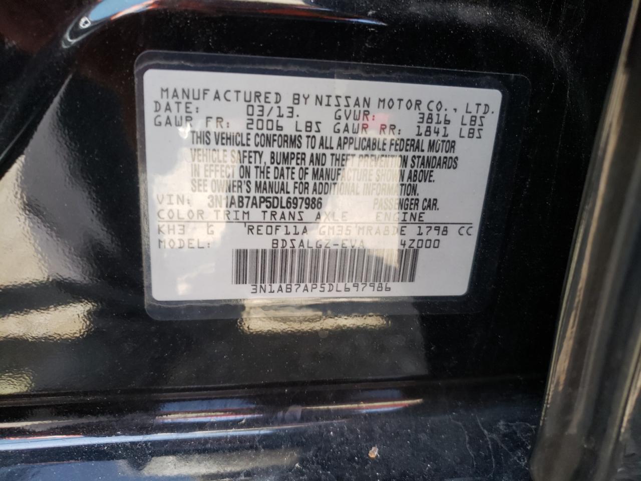 Photo 10 from auction – 2013 NISSAN SENTRA S with VIN 3N1AB7AP5DL697986