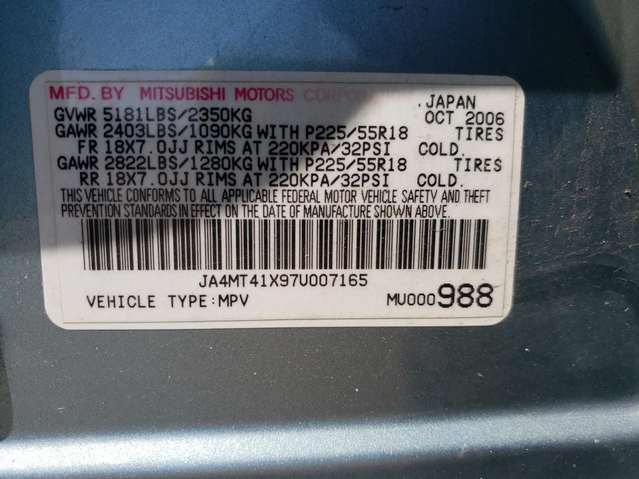 Photo 10 from auction – 2007 MITSUBISHI OUTLANDER with VIN JA4MT41X97U007165
