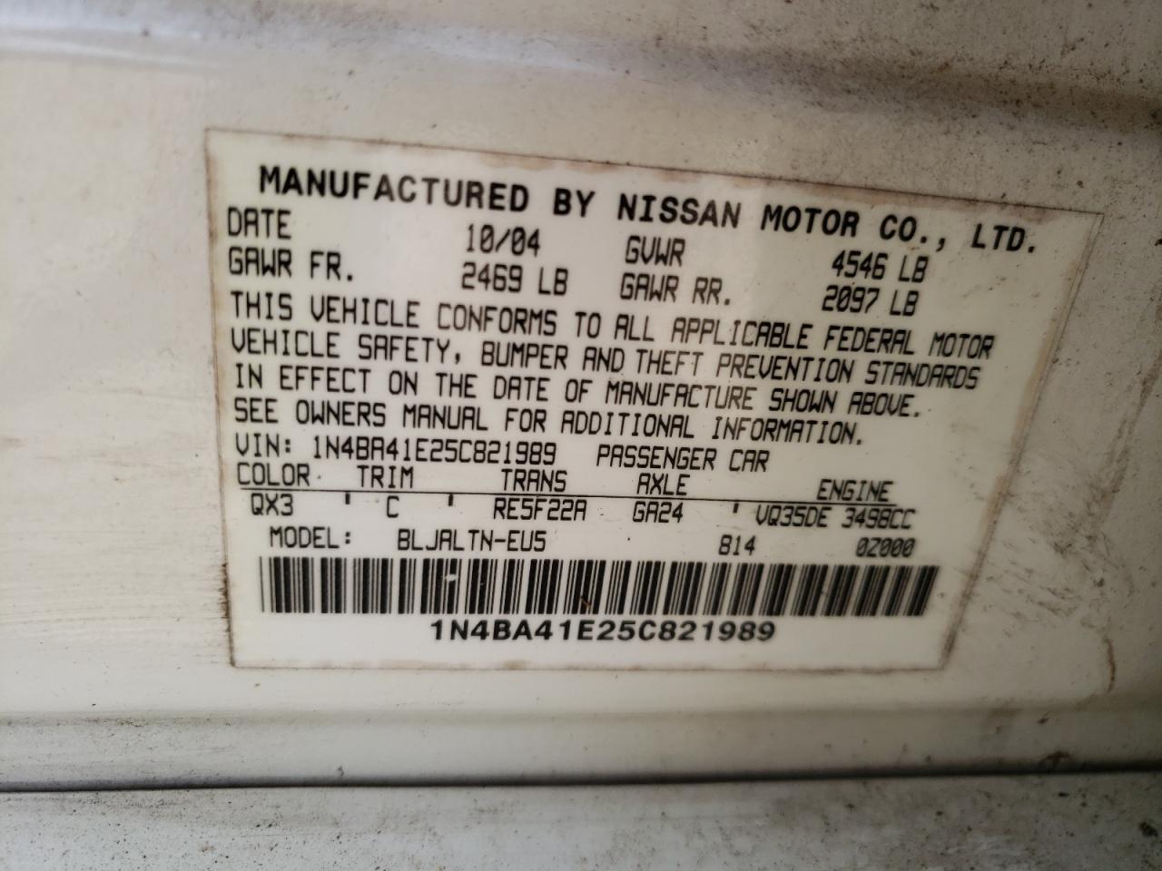Photo 10 from auction – 2005 NISSAN MAXIMA SE with VIN 1N4BA41E25C821989