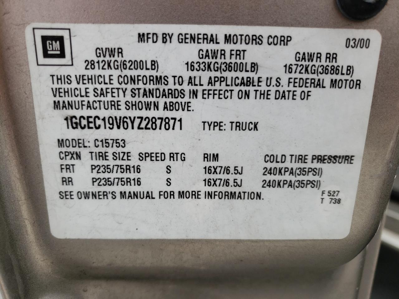 Photo 10 from auction – 2000 CHEVROLET SILVRDO LT with VIN 1GCEC19V6YZ287871