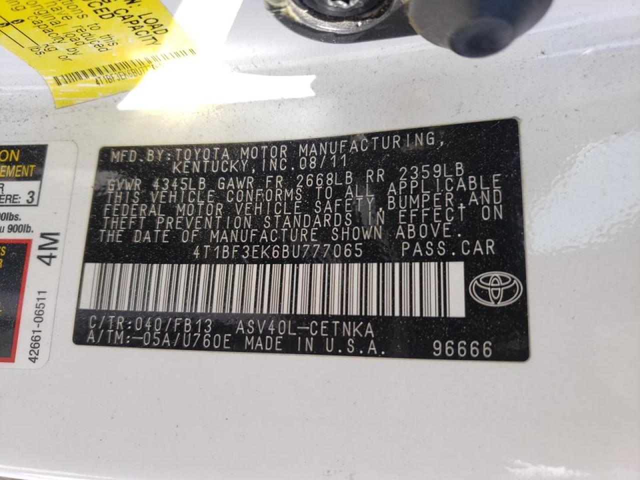 Photo 10 from auction – 2011 TOYOTA CAMRY BASE with VIN 4T1BF3EK6BU777065