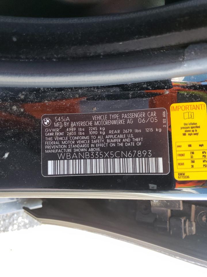 Photo 10 from auction – 2005 BMW 545 I with VIN WBANB335X5CN67893
