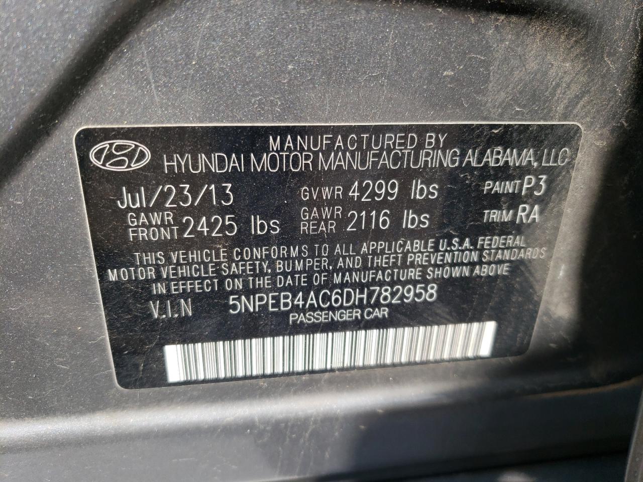 Photo 10 from auction – 2013 HYUNDAI SONATA with VIN 5NPEB4AC6DH782958
