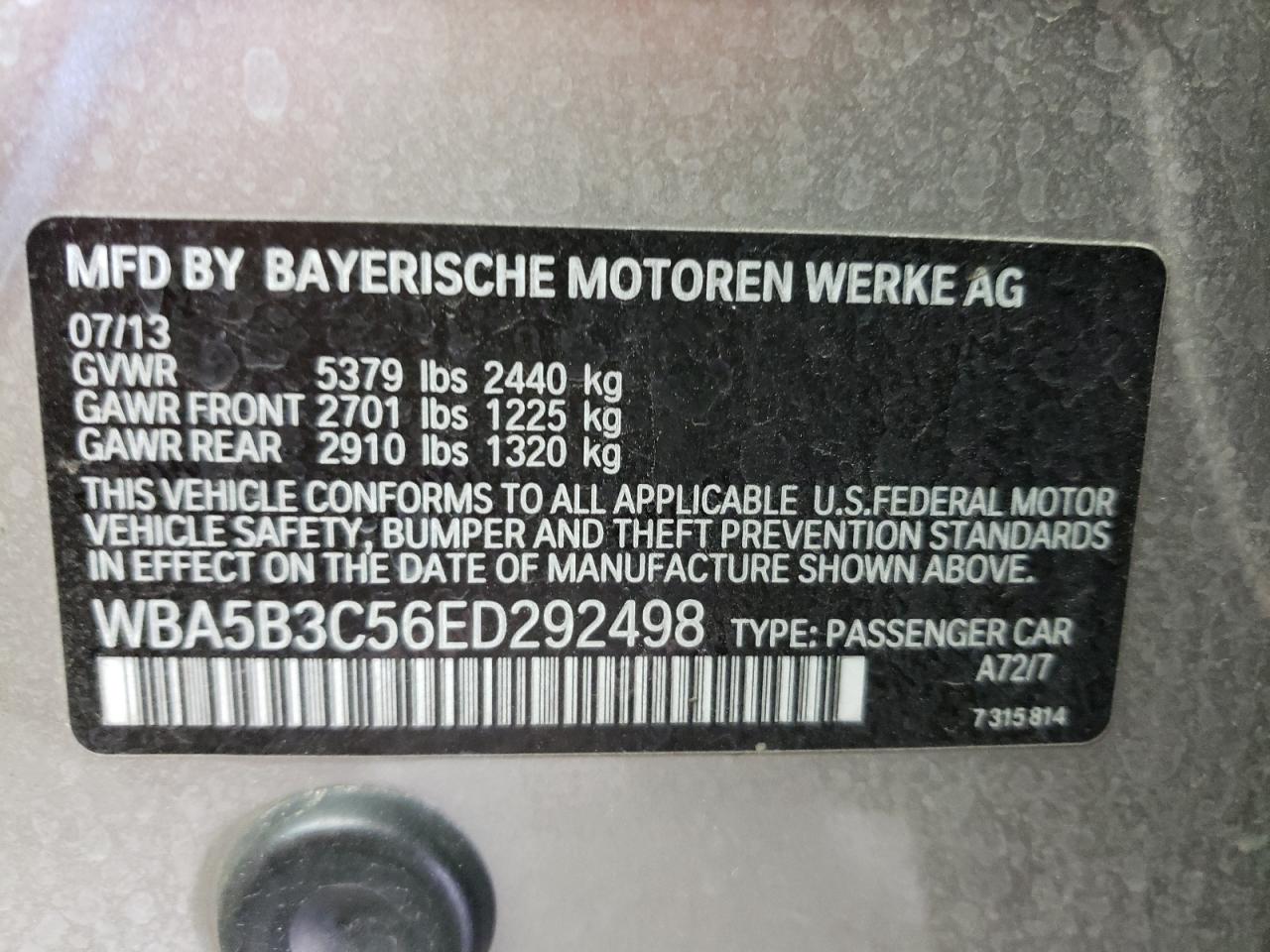 Photo 10 from auction – 2014 BMW 535 XI with VIN WBA5B3C56ED292498
