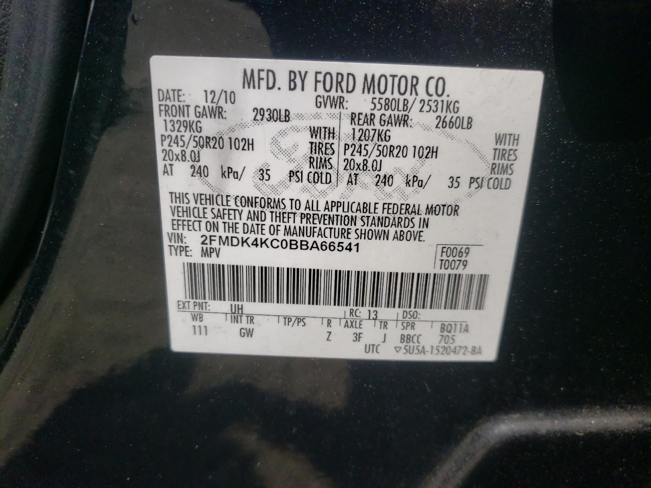 Photo 10 from auction – 2011 FORD EDGE LIMIT with VIN 2FMDK4KC0BBA66541