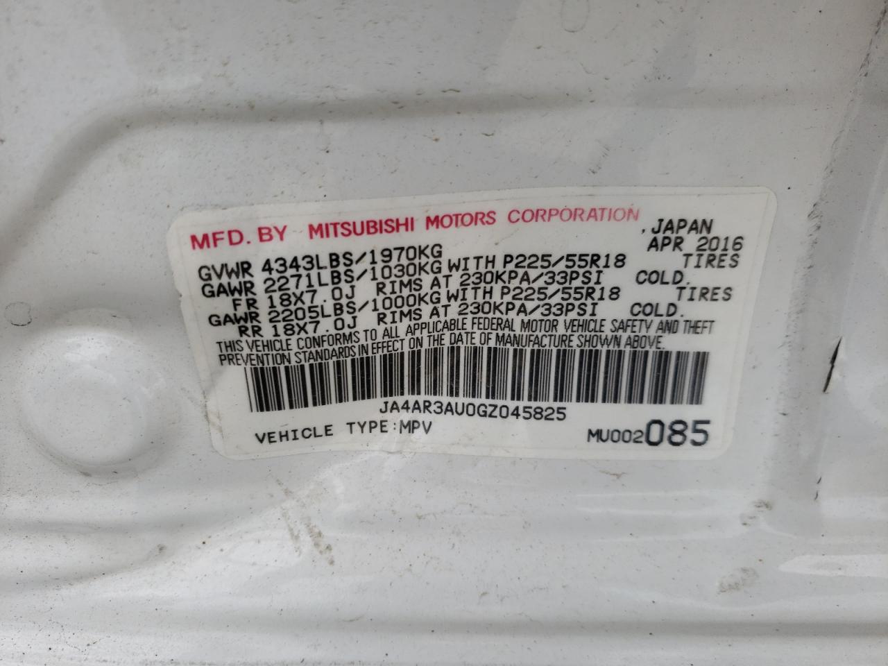 Photo 10 from auction – 2016 MITSUBISHI OUTLANDER with VIN JA4AR3AU0GZ045825