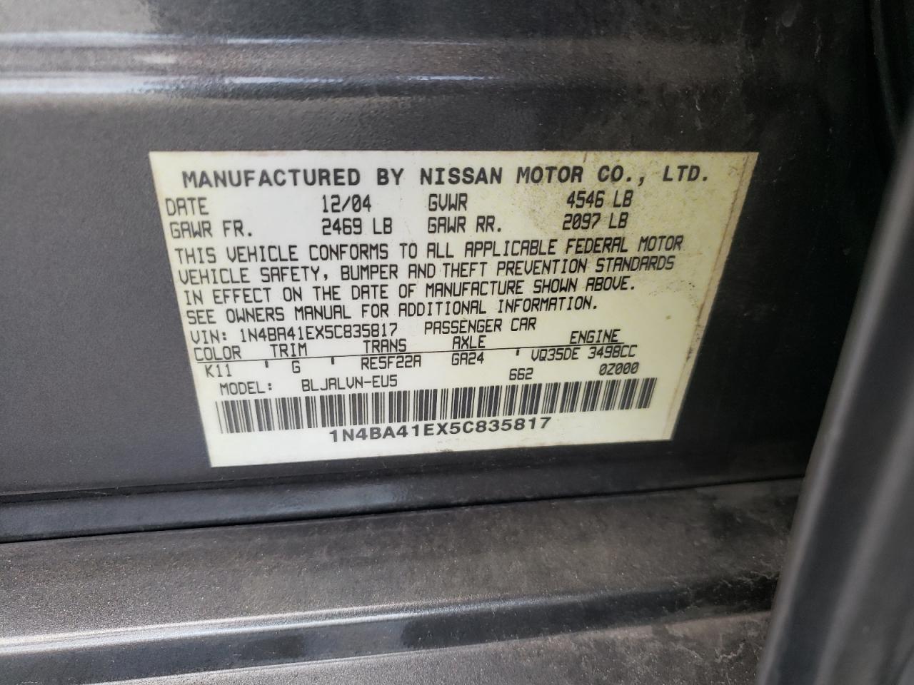 Photo 10 from auction – 2005 NISSAN MAXIMA with VIN 1N4BA41EX5C835817