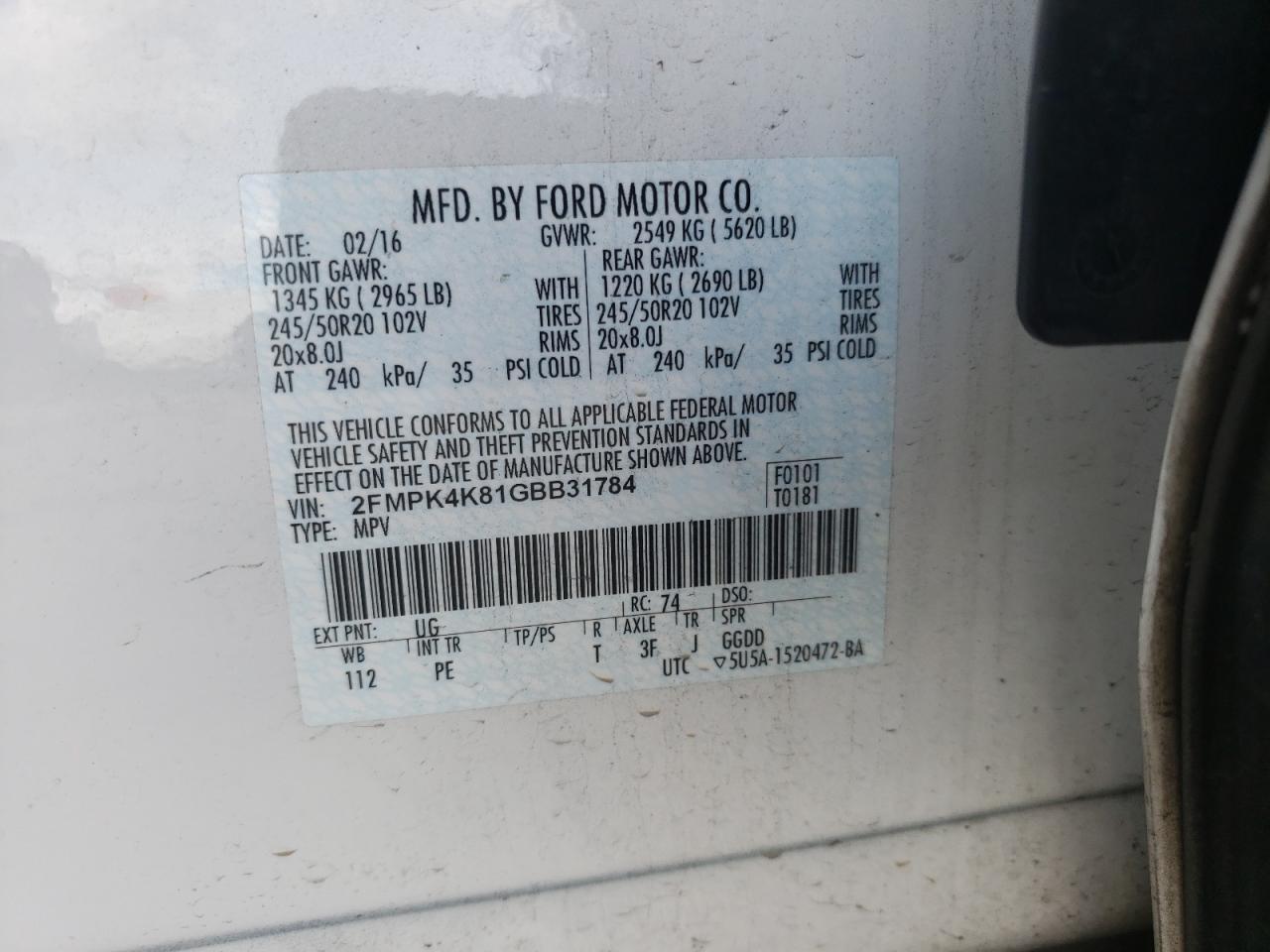 Photo 10 from auction – 2016 FORD EDGE TITAN with VIN 2FMPK4K81GBB31784