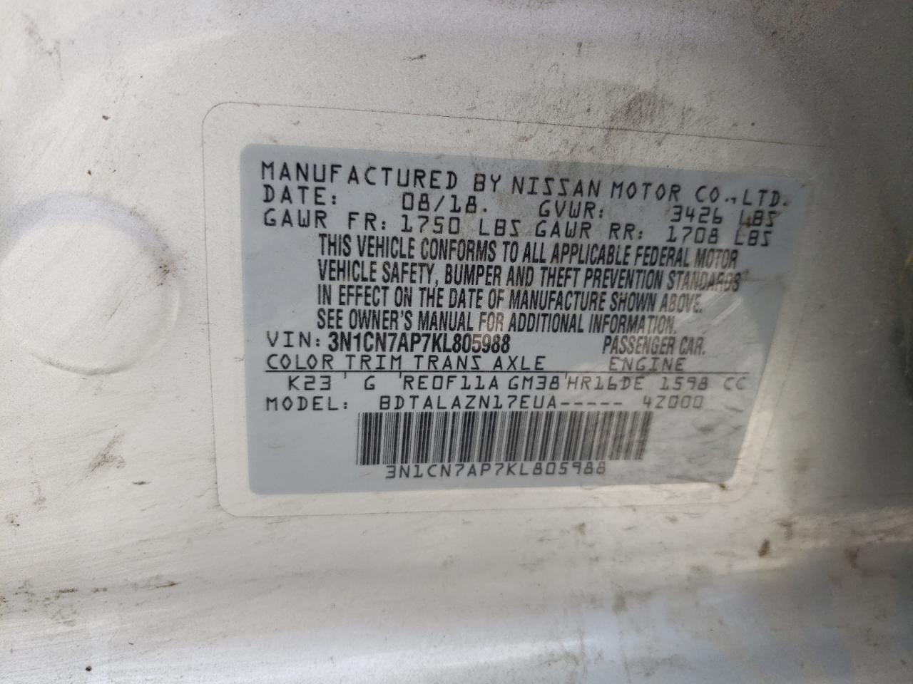 Photo 10 from auction – 2019 NISSAN VERSA S with VIN 3N1CN7AP7KL805988