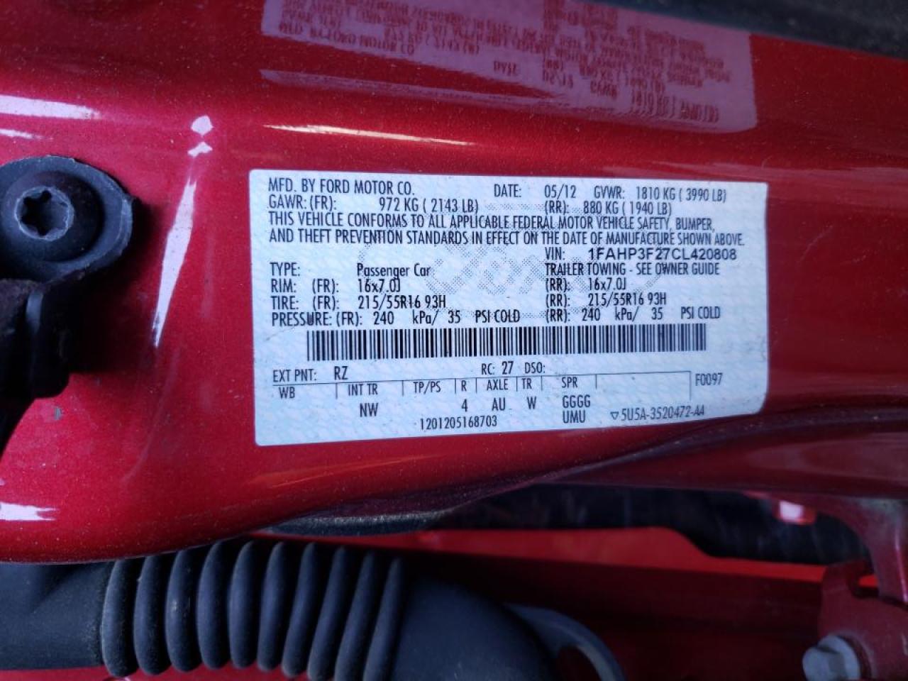 Photo 10 from auction – 2012 FORD FOCUS SE with VIN 1FAHP3F27CL420808