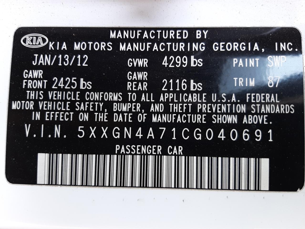 Photo 10 from auction – 2012 KIA OPTIMA EX with VIN 5XXGN4A71CG040691