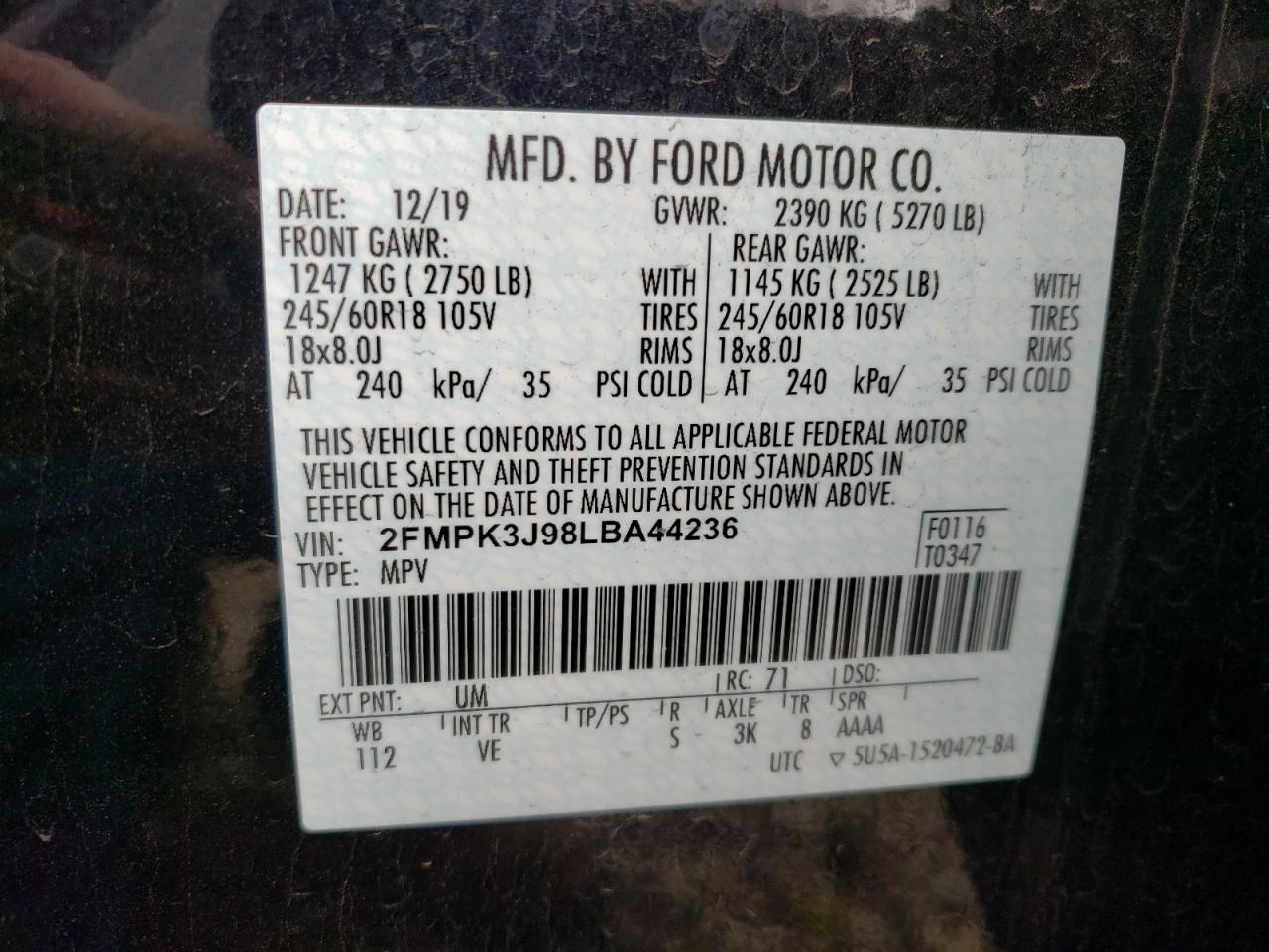Photo 10 from auction – 2020 FORD EDGE SEL with VIN 2FMPK3J98LBA44236