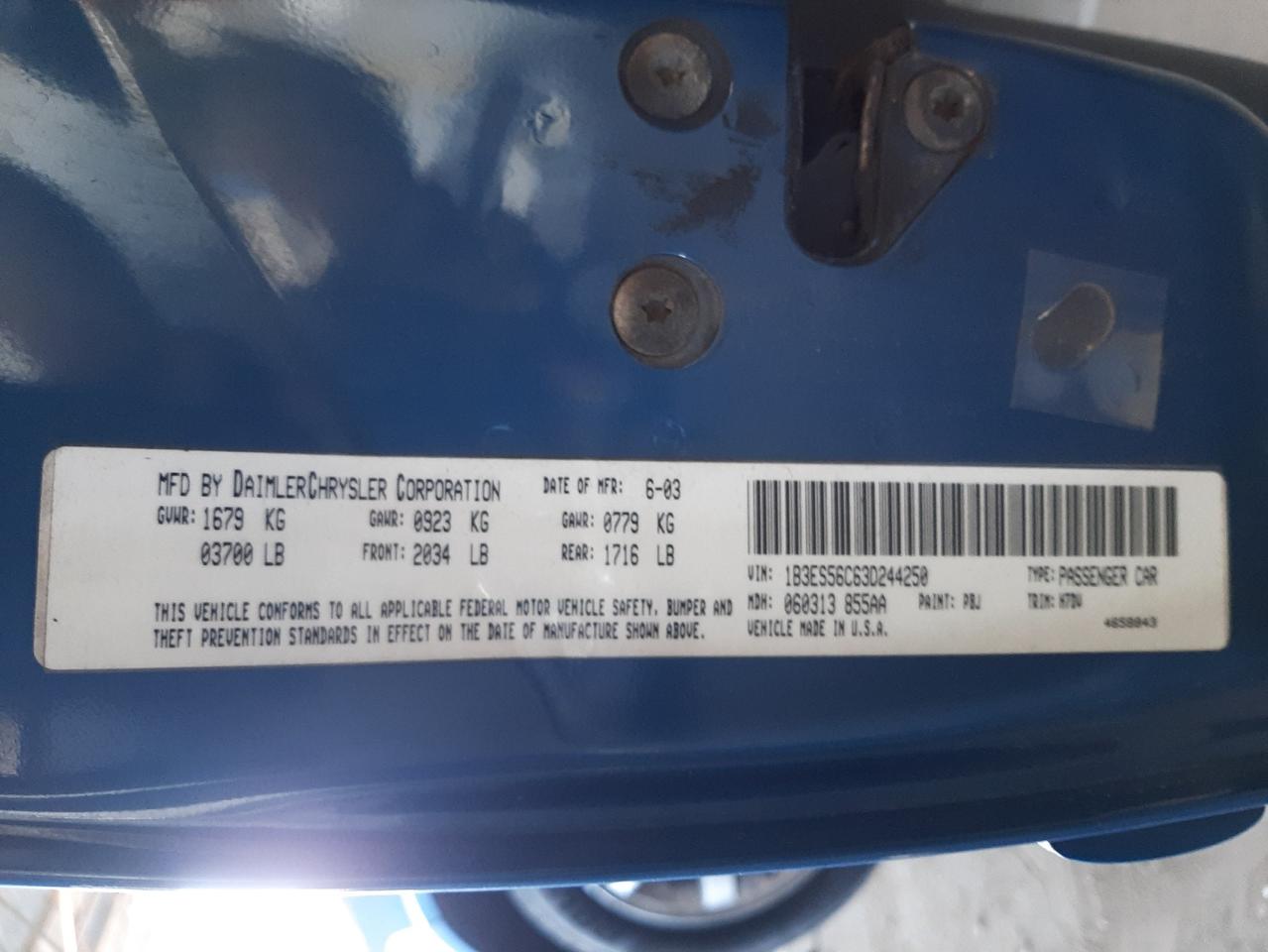 Photo 10 from auction – 2003 DODGE NEON SXT with VIN 1B3ES56C63D244250