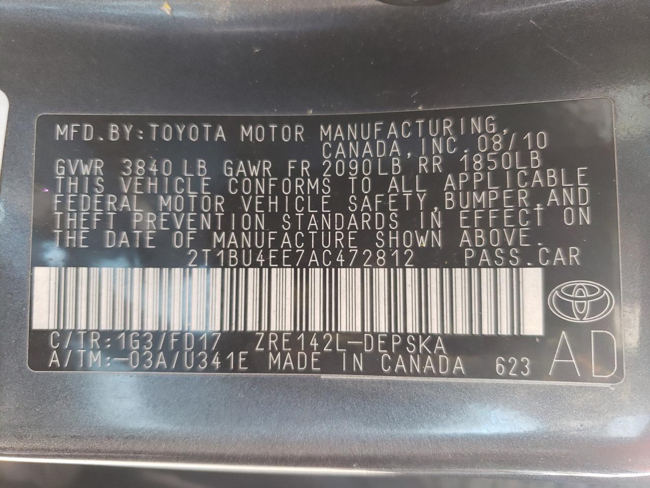Photo 10 from auction – 2010 TOYOTA COROLLA BA with VIN 2T1BU4EE7AC472812