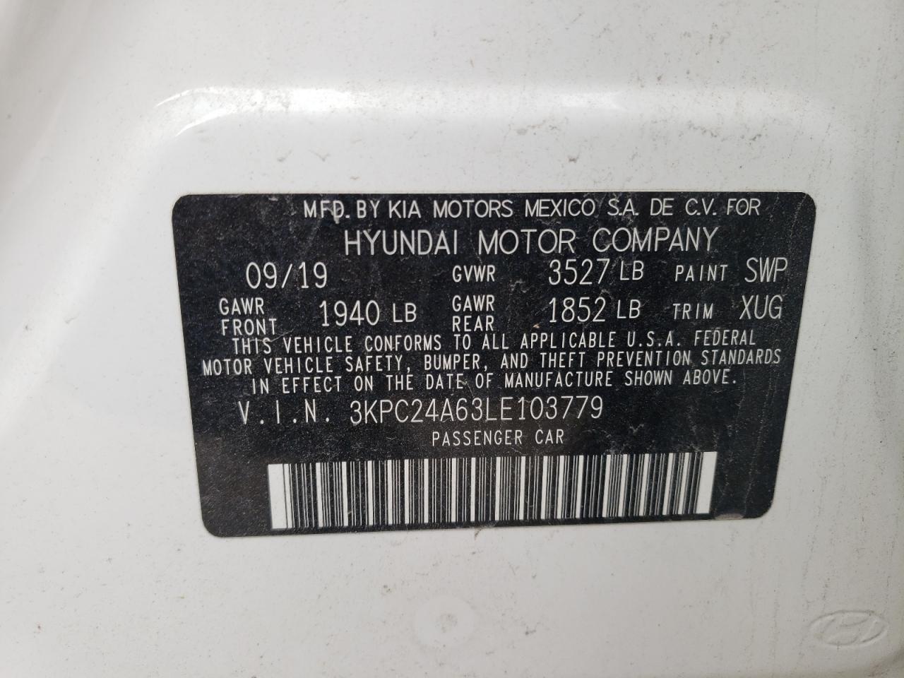 Photo 10 from auction – 2020 HYUNDAI ACCENT SE with VIN 3KPC24A63LE103779