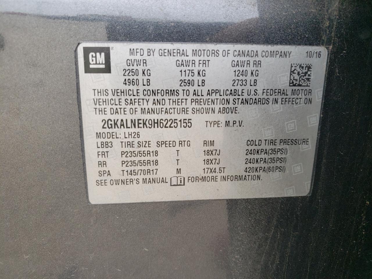 Photo 10 from auction – 2017 GMC TERRAIN SL with VIN 2GKALNEK9H6225155