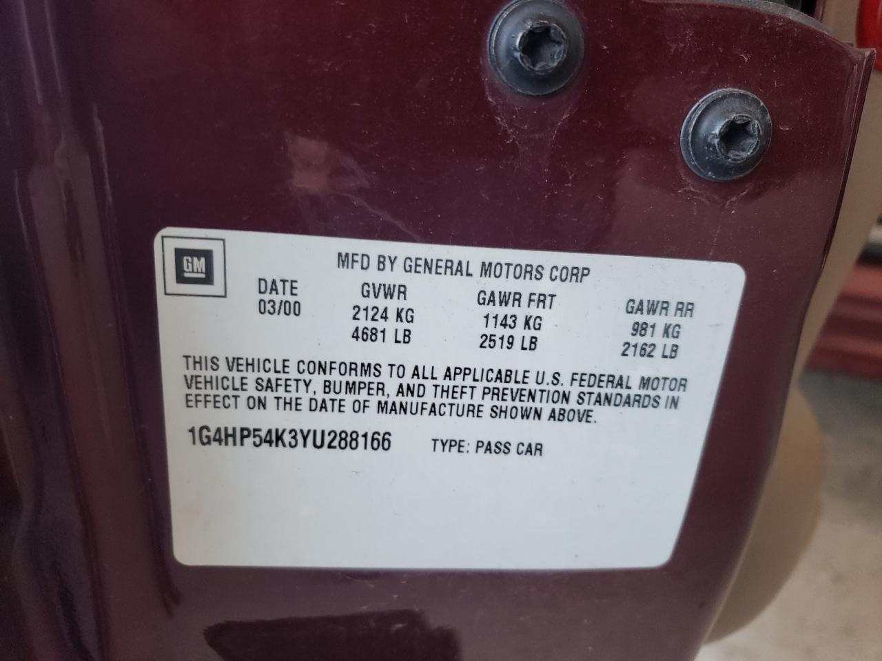 Photo 10 from auction – 2000 BUICK LESABRE CU with VIN 1G4HP54K3YU288166