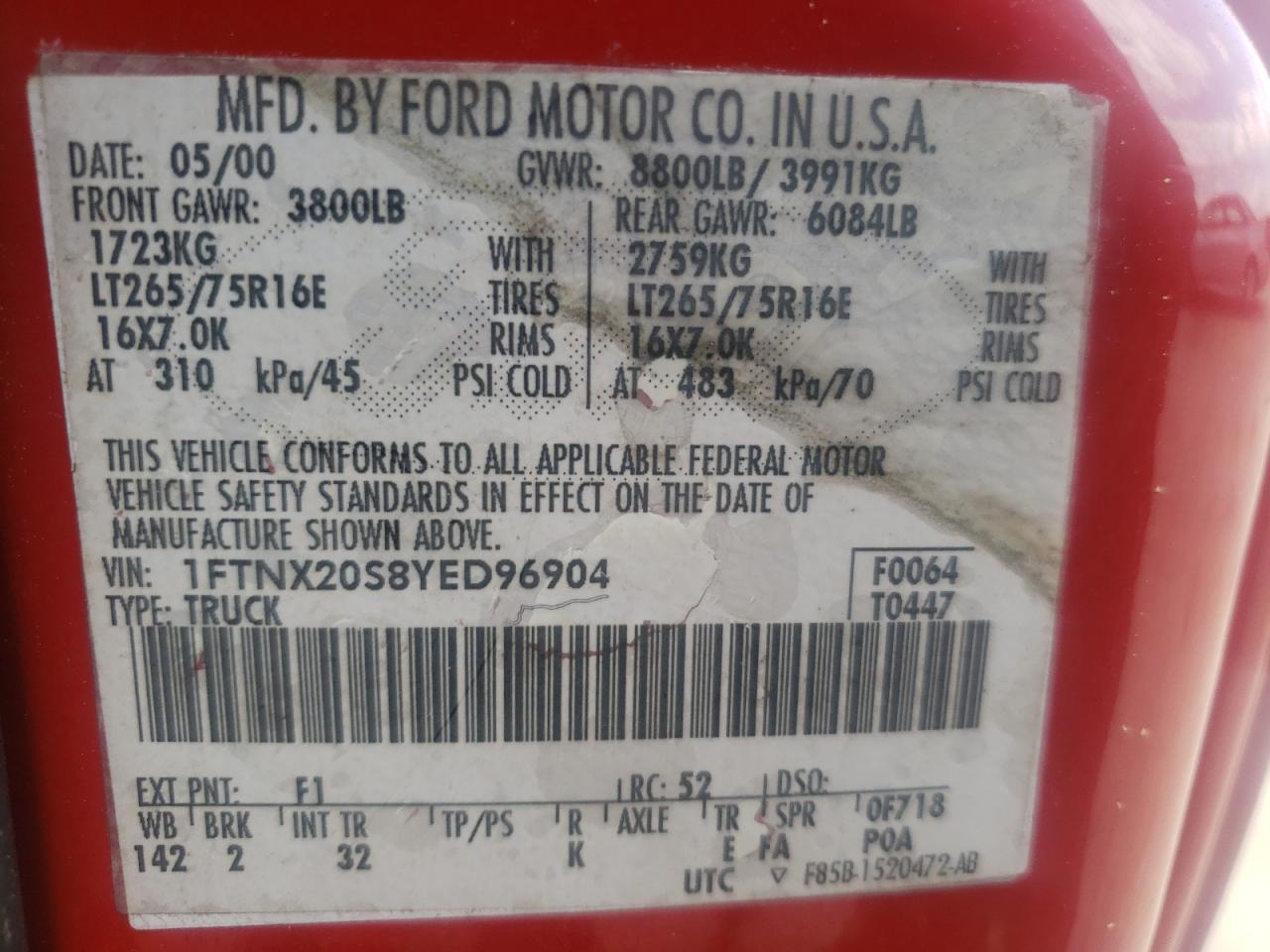 Photo 10 from auction – 2000 FORD F250 SUPER with VIN 1FTNX20S8YED96904