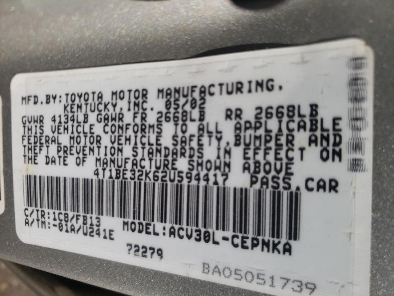 Photo 10 from auction – 2002 TOYOTA CAMRY LE with VIN 4T1BE32K62U594417