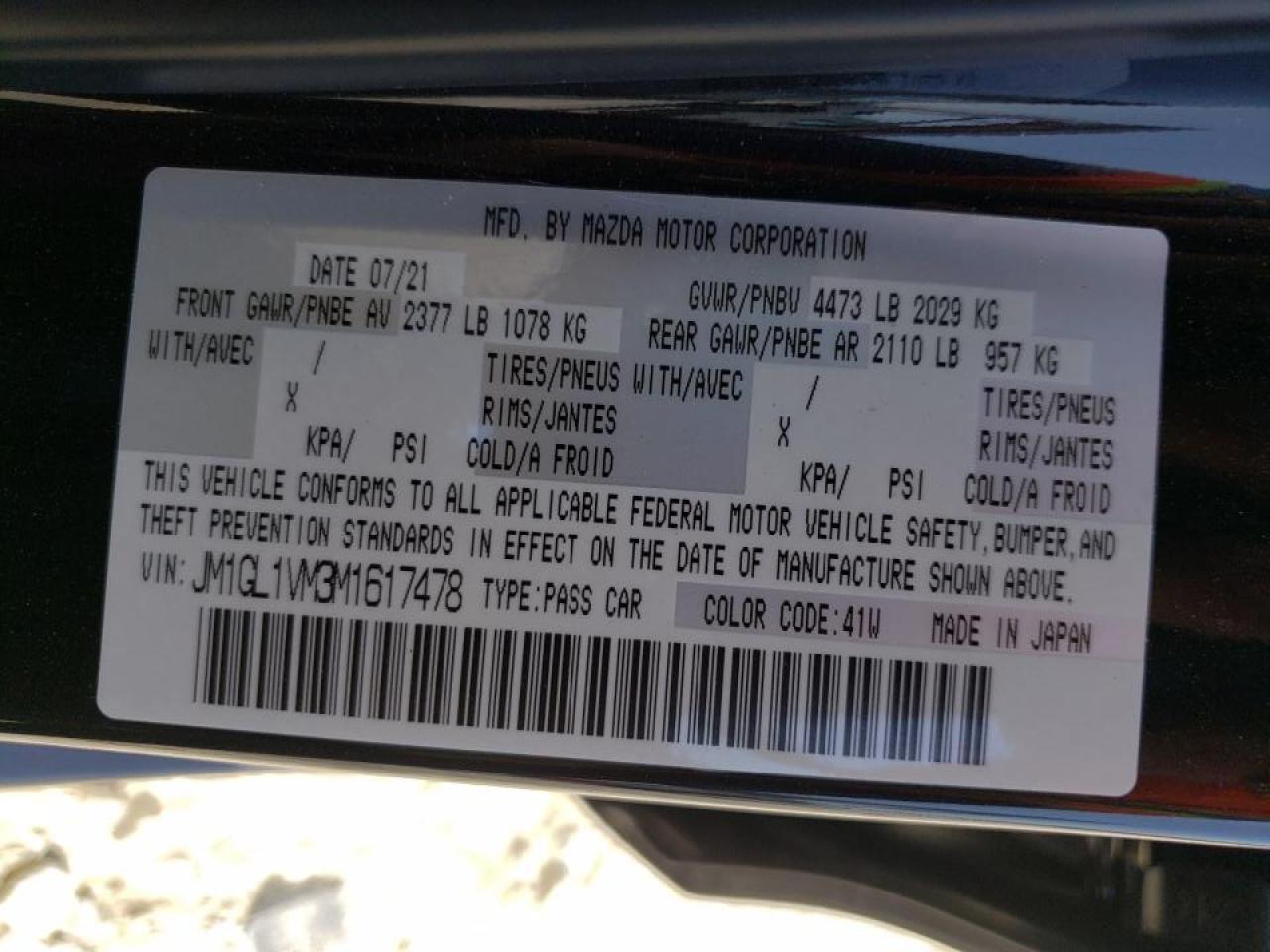 Photo 10 from auction – 2021 MAZDA 6 TOURING with VIN JM1GL1VM3M1617478