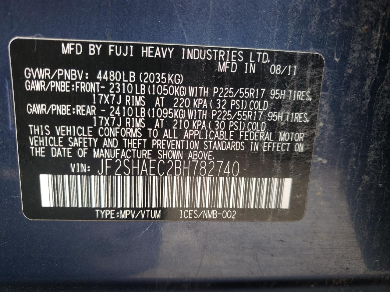Photo 10 from auction – 2011 SUBARU FORESTER L with VIN JF2SHAEC2BH782740
