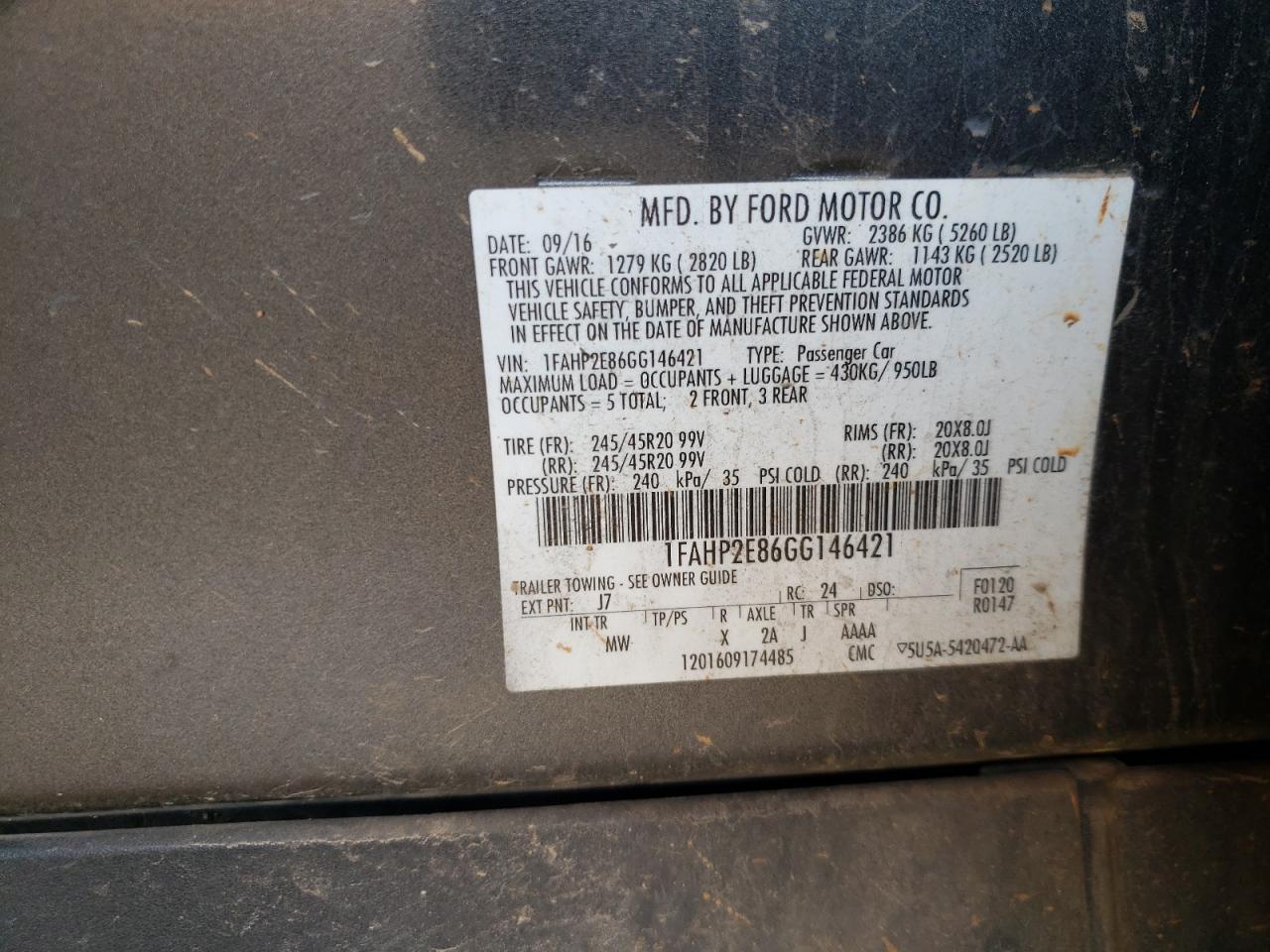 Photo 10 from auction – 2016 FORD TAURUS SEL with VIN 1FAHP2E86GG146421