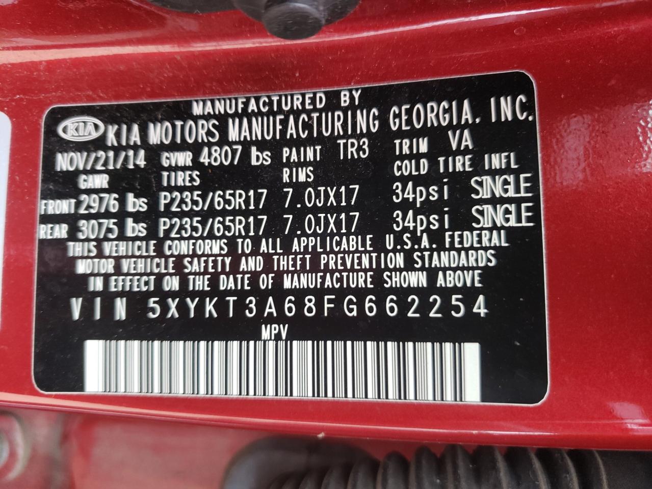 Photo 10 from auction – 2015 KIA SORENTO LX with VIN 5XYKT3A68FG662254