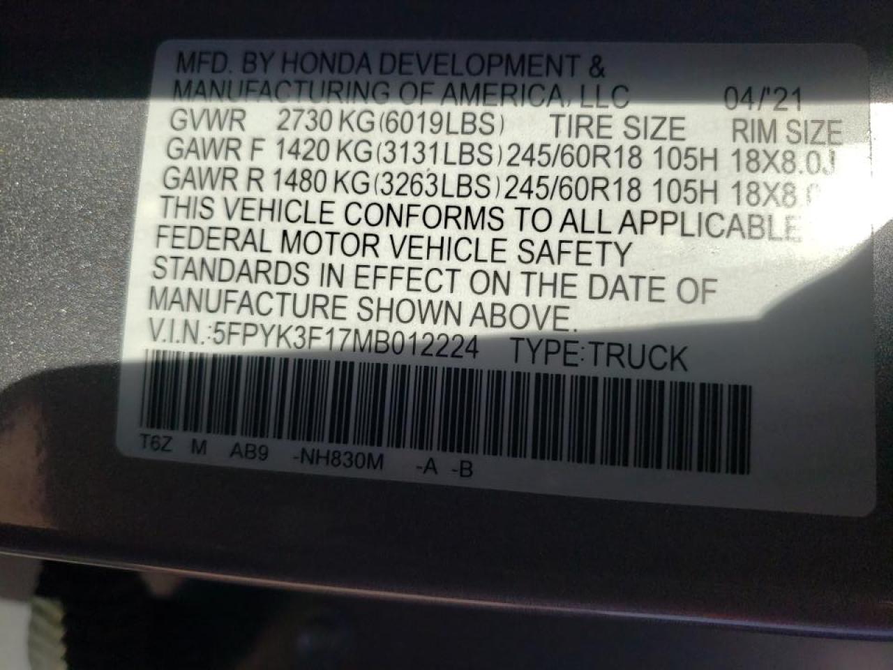 Photo 10 from auction – 2021 HONDA RIDGELINE with VIN 5FPYK3F17MB012224