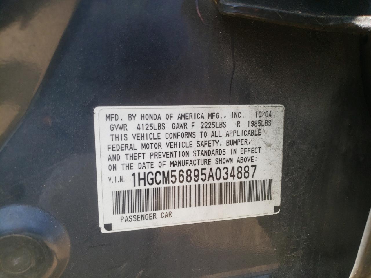 Photo 10 from auction – 2005 HONDA ACCORD EX with VIN 1HGCM56895A034887