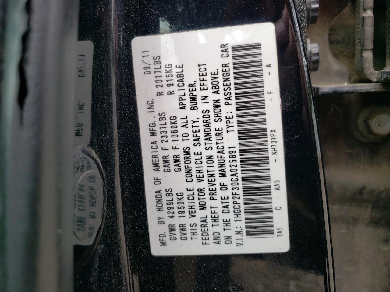 Photo 10 from auction – 2012 HONDA ACCORD LX with VIN 1HGCP2F30CA025891