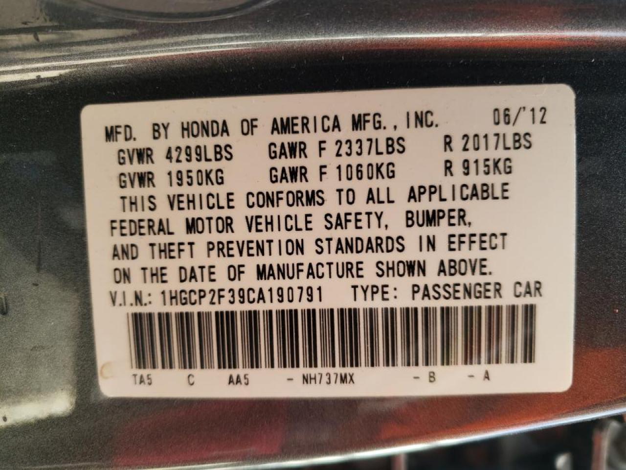 Photo 10 from auction – 2012 HONDA ACCORD LX with VIN 1HGCP2F39CA190791