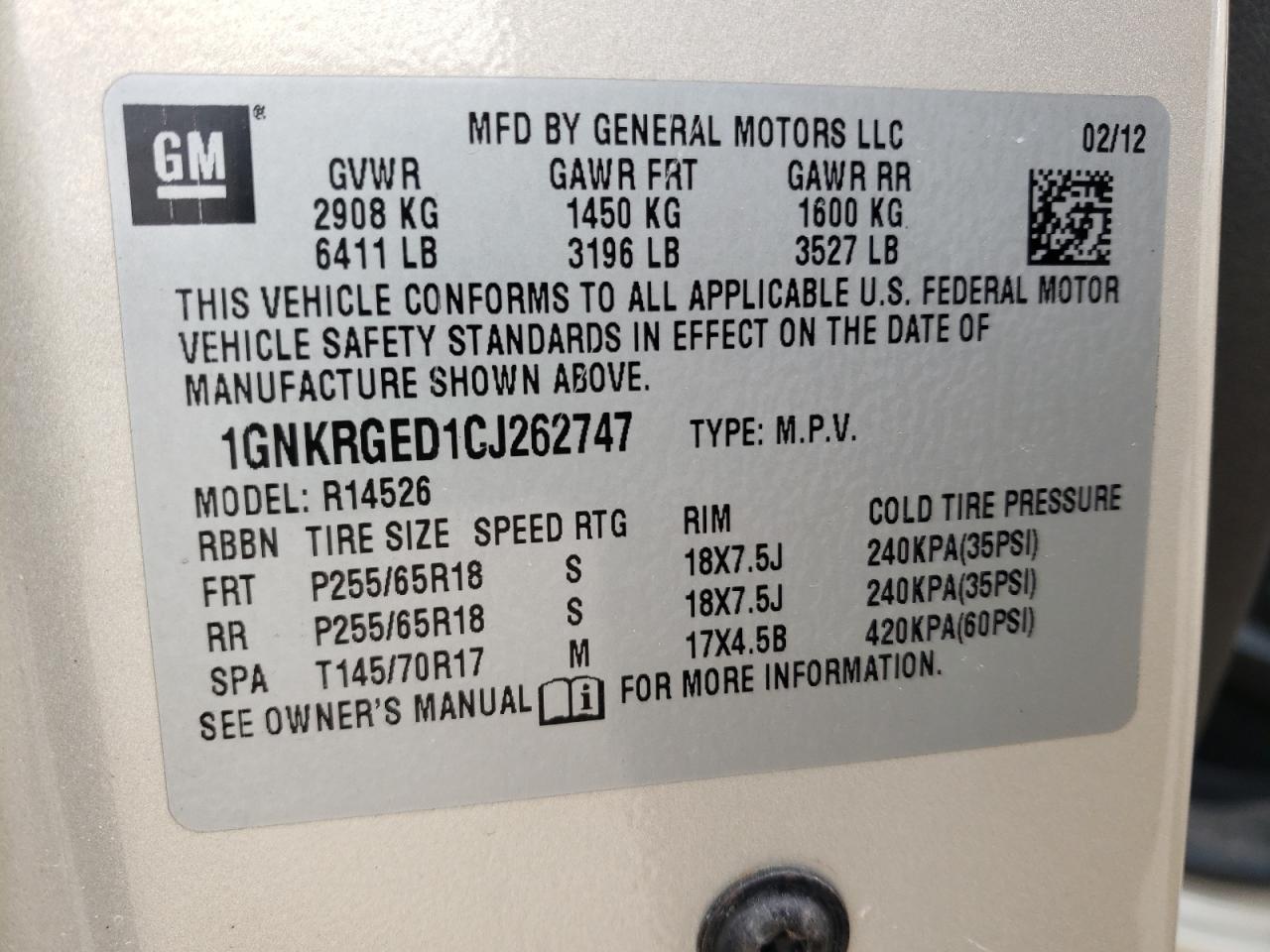 Photo 10 from auction – 2012 CHEVROLET TRAVERSE L with VIN 1GNKRGED1CJ262747