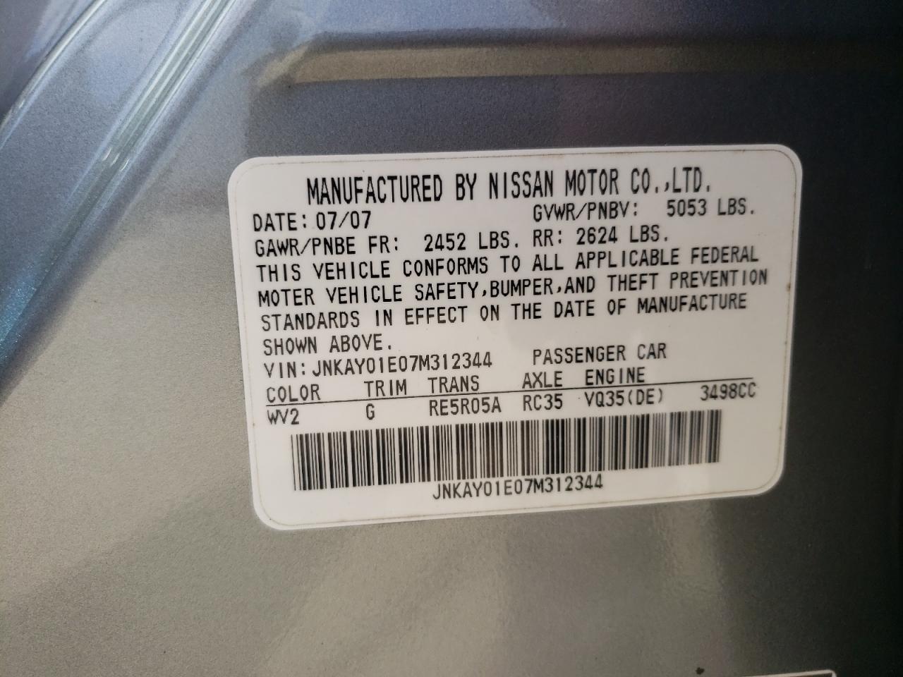 Photo 10 from auction – 2007 INFINITI M35 BASE with VIN JNKAY01E07M312344