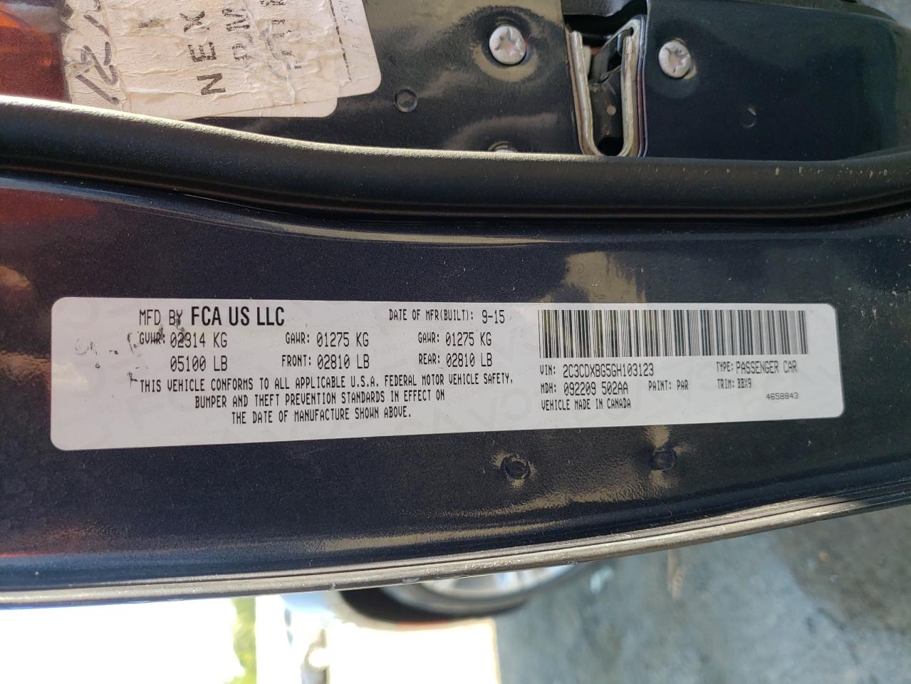 Photo 10 from auction – 2016 DODGE CHARGER SE with VIN 2C3CDXBG5GH103123