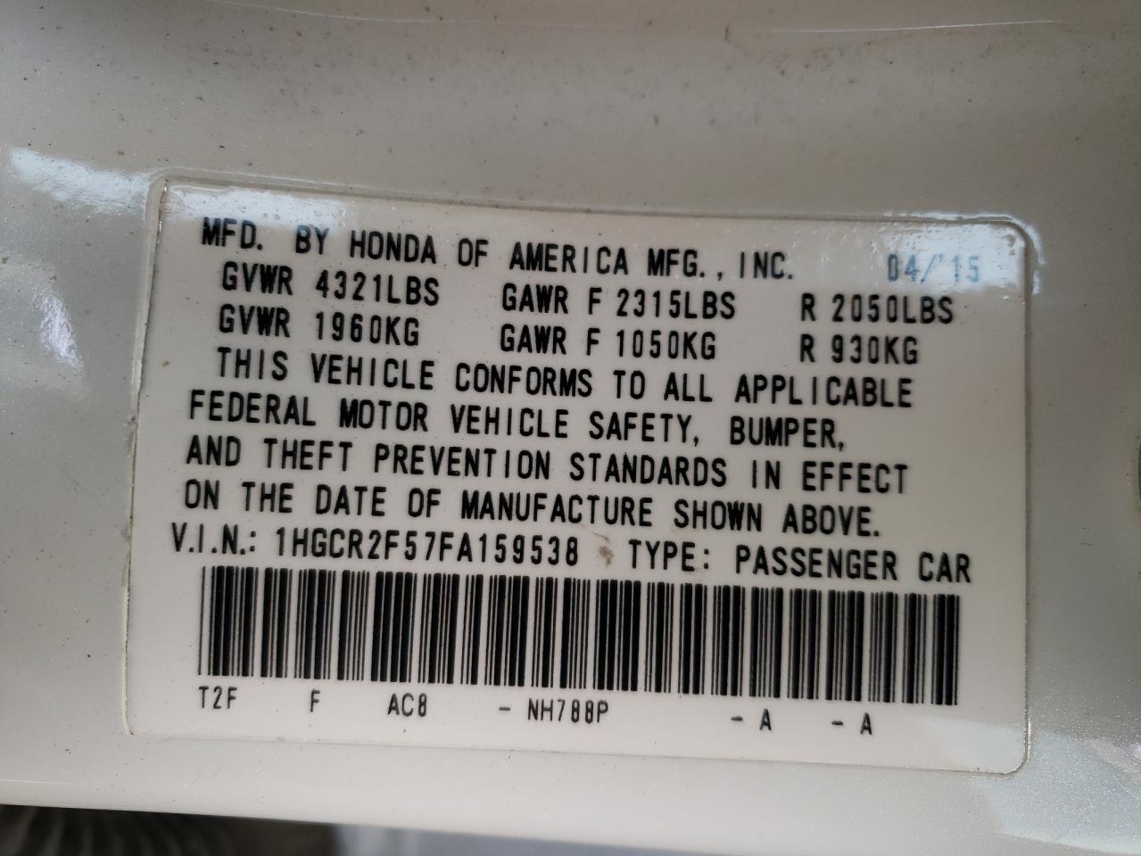 Photo 10 from auction – 2015 HONDA ACCORD SPO with VIN 1HGCR2F57FA159538