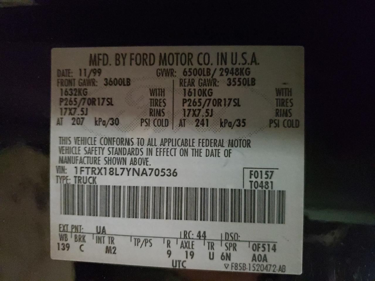 Photo 10 from auction – 2000 FORD F150 with VIN 1FTRX18L7YNA70536