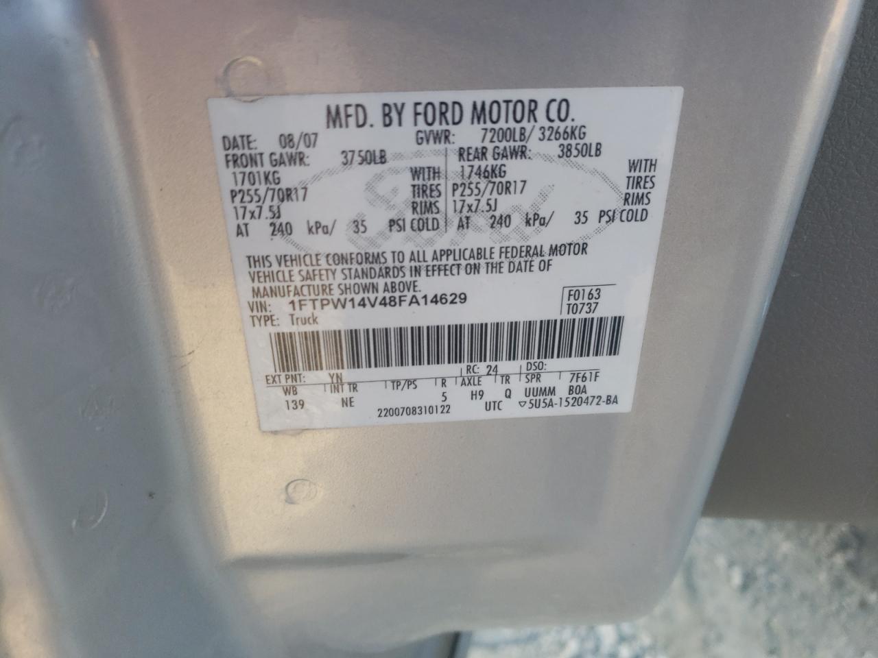 Photo 10 from auction – 2008 FORD F150 SUPER with VIN 1FTPW14V48FA14629